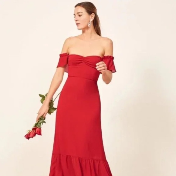 Reformation Red Butterfly off-shoulder Dress size 8